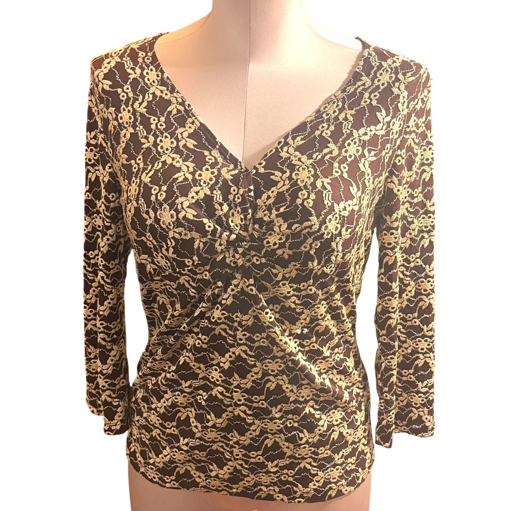 Creative Design Brown Floral Lace Twist Front V-Neck 3/4 Sleeve Top Y2K Babydoll